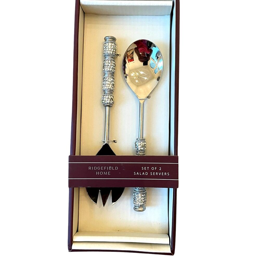 Ridgefield Home Silver Rhinestone Salad Serving Spoons Set of 2 Holiday Glam New